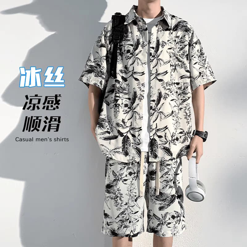 Factory direct sales summer short-sleeved floral shirt men's loose Korean style trendy Hawaiian style retro shirt suit