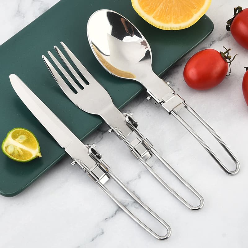 Camping Portable Stainless Steel Cutlery Set 3-Piece Folding Utensils with Wire Handle