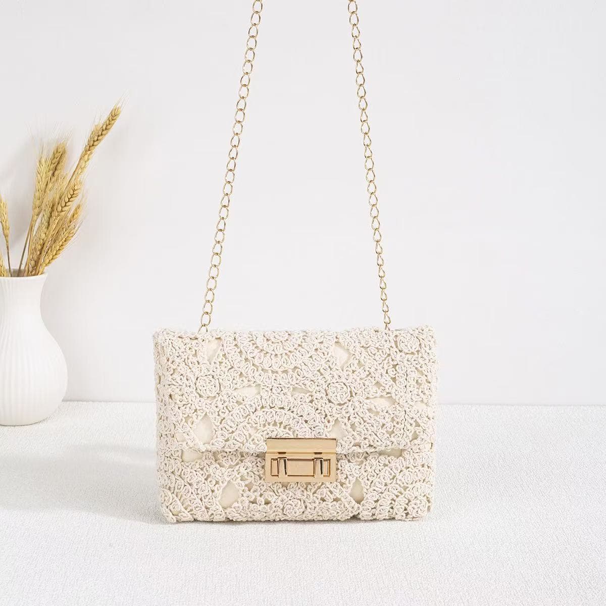 Gentle Style Hollow Lace Women's Bag Metal Twist Lock Chain Shoulder Bag Niche Exquisite Flap Crossbody Small Bag Wholesale