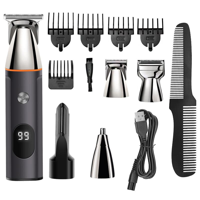 Cross-border men's 5-in-1 multifunctional professional barber shop waterproof nose hair LCD hair clipper razor set