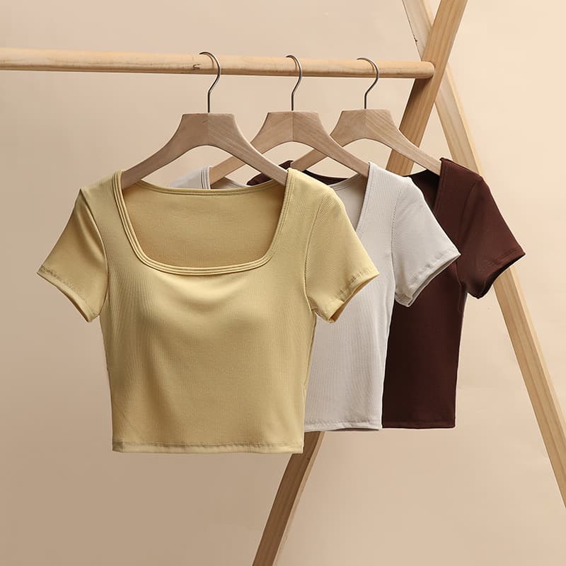 French-style square-neck padded soft knit base layer top for women, cropped short-sleeved T-shirt