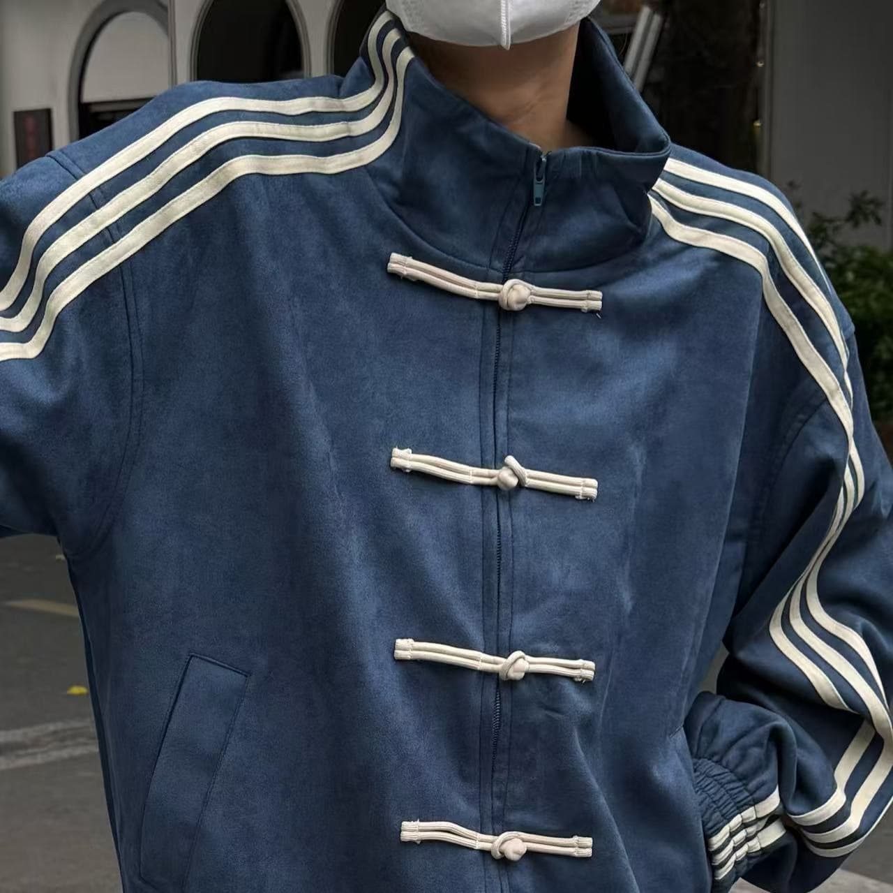 Blue White Casual Patch Three Stripes Stand Collar Jacket Men Spring Popular Outfit New Chinese Style Frog Button High-End Feel Tang Suit