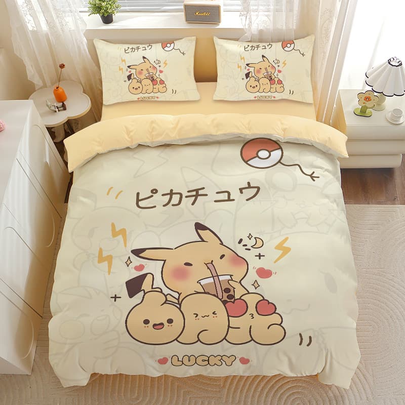 Pokemon 4-Piece Set Pikachu Cute Cartoon 3-Piece Dorm Bedding 0.9m Bed