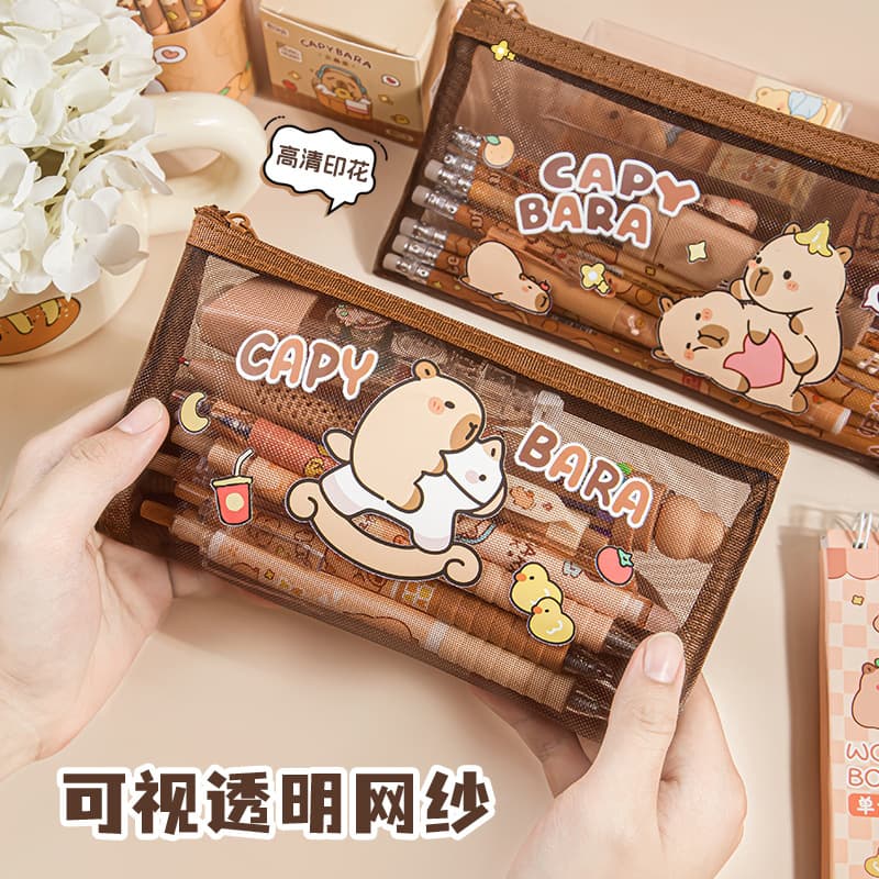 Capybara Transparent Mesh Pencil Case Large Capacity Student Exam Specific Portable Cute Stationery Wholesale