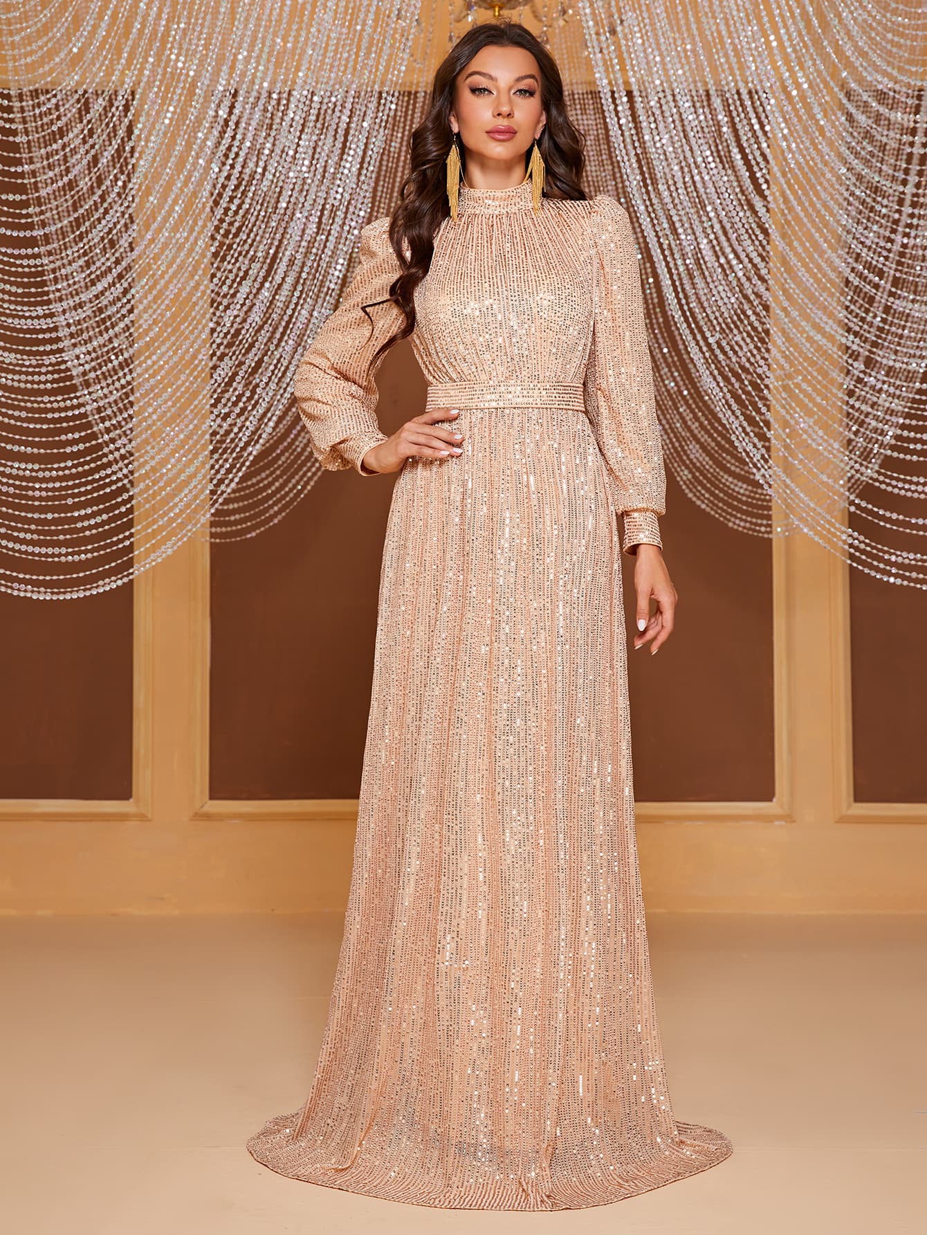 2026 Best-Selling Women's Solid Sequin Long-Sleeve Stand Collar Evening Gown Long Dress Simple Elegant Dress