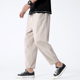 Elastic Waist 2026 Summer Casual Pants for Men Cotton Straight-Leg Plus Size Loose Fit Solid Color 9-Length Trousers