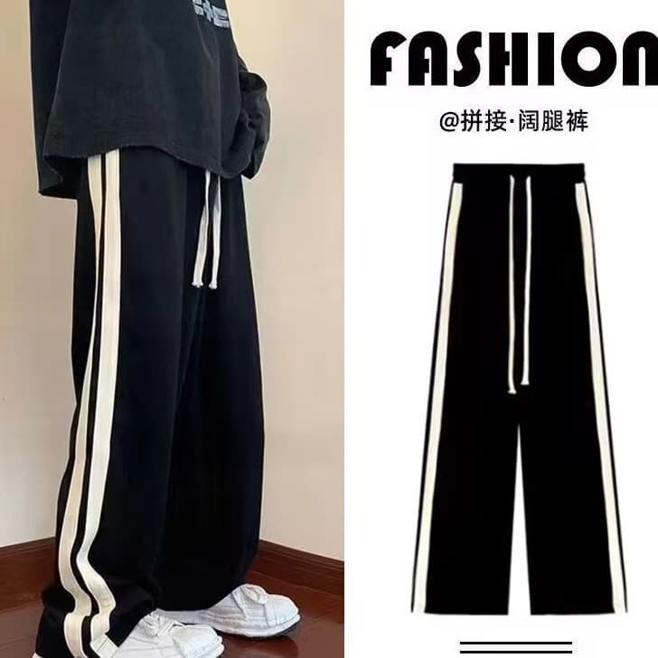 Stripe Splicing Casual Pants Men Autumn New Style Hong Kong Trendy Loose Fit Straight Leg Pants Youth Draped Wide Leg Trousers