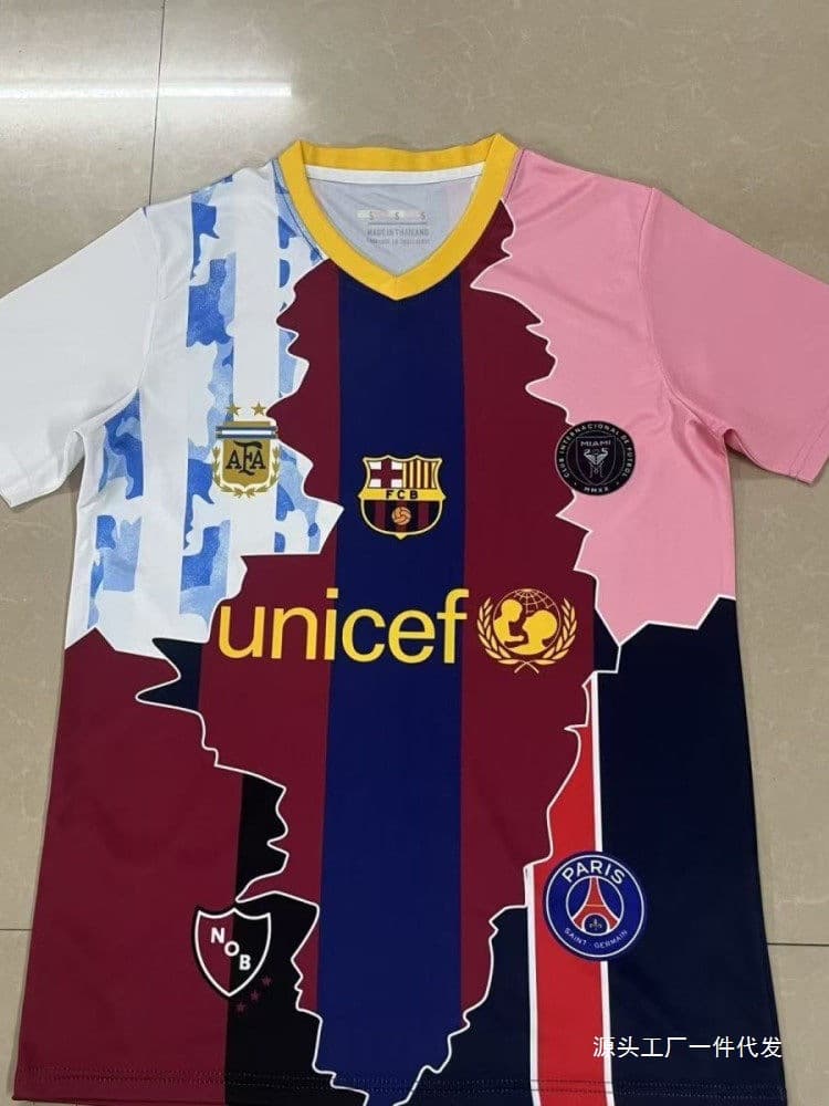 2526 Barcelona and Messi co-branded commemorative edition Argentina Barcelona short-sleeved football jersey with loose stand-up collar