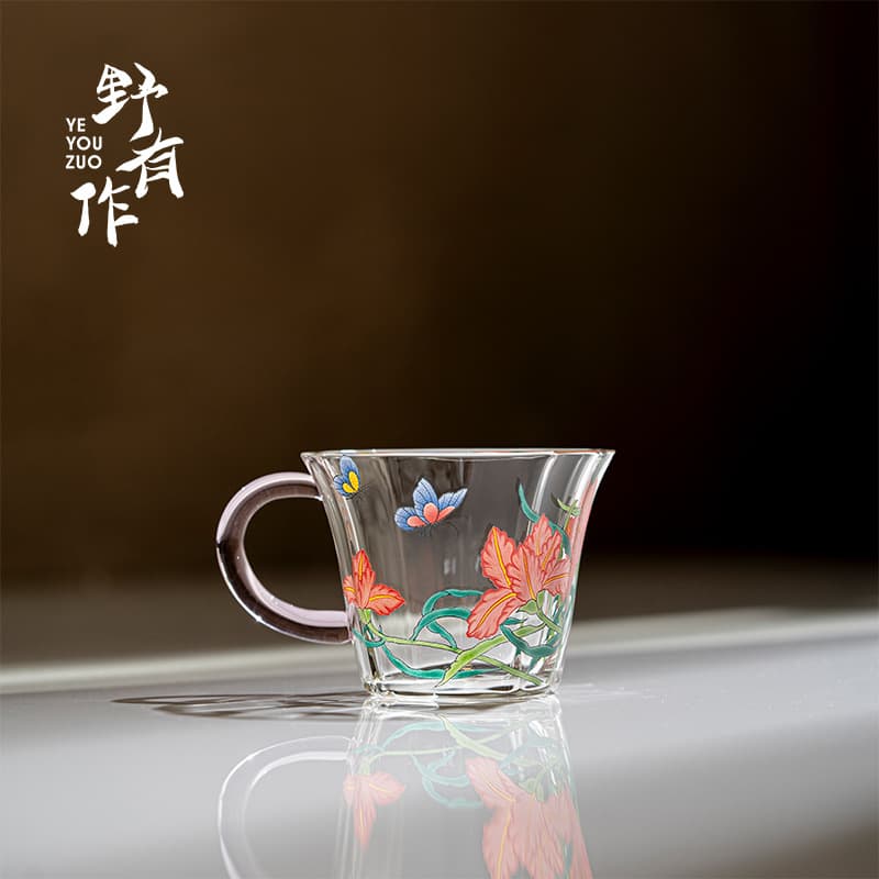 Ye You Zuo High-Temperature Resistant Glass Small Tea Cup with Colored Handle, Heat-Resistant Glass Cup, Tea Tasting Cup, Kung Fu Tea Set