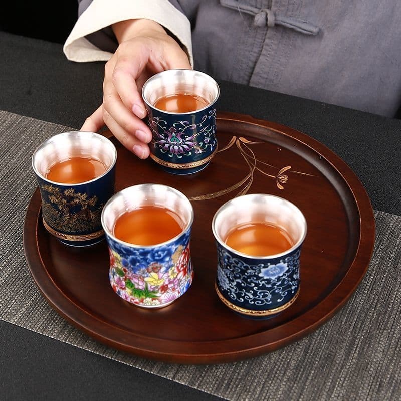 Enamel Silver Tea Cup 999 Pure Silver Master Cup Handcrafted Silver-Plated Tea Cup Single Cup Tea Vessel Gift Box Ceramic Cup