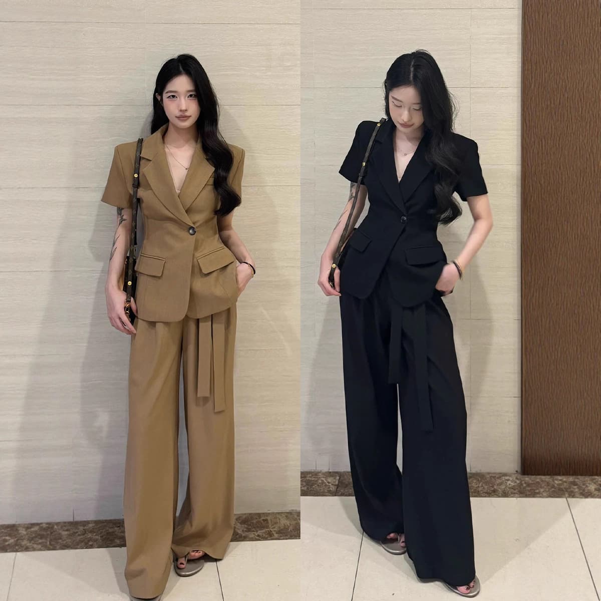 New Spring/Autumn Plus Size Elegant Black Suit Set for Women, Korean Style High Waist Wide Leg Pants Two-Piece Set 25109