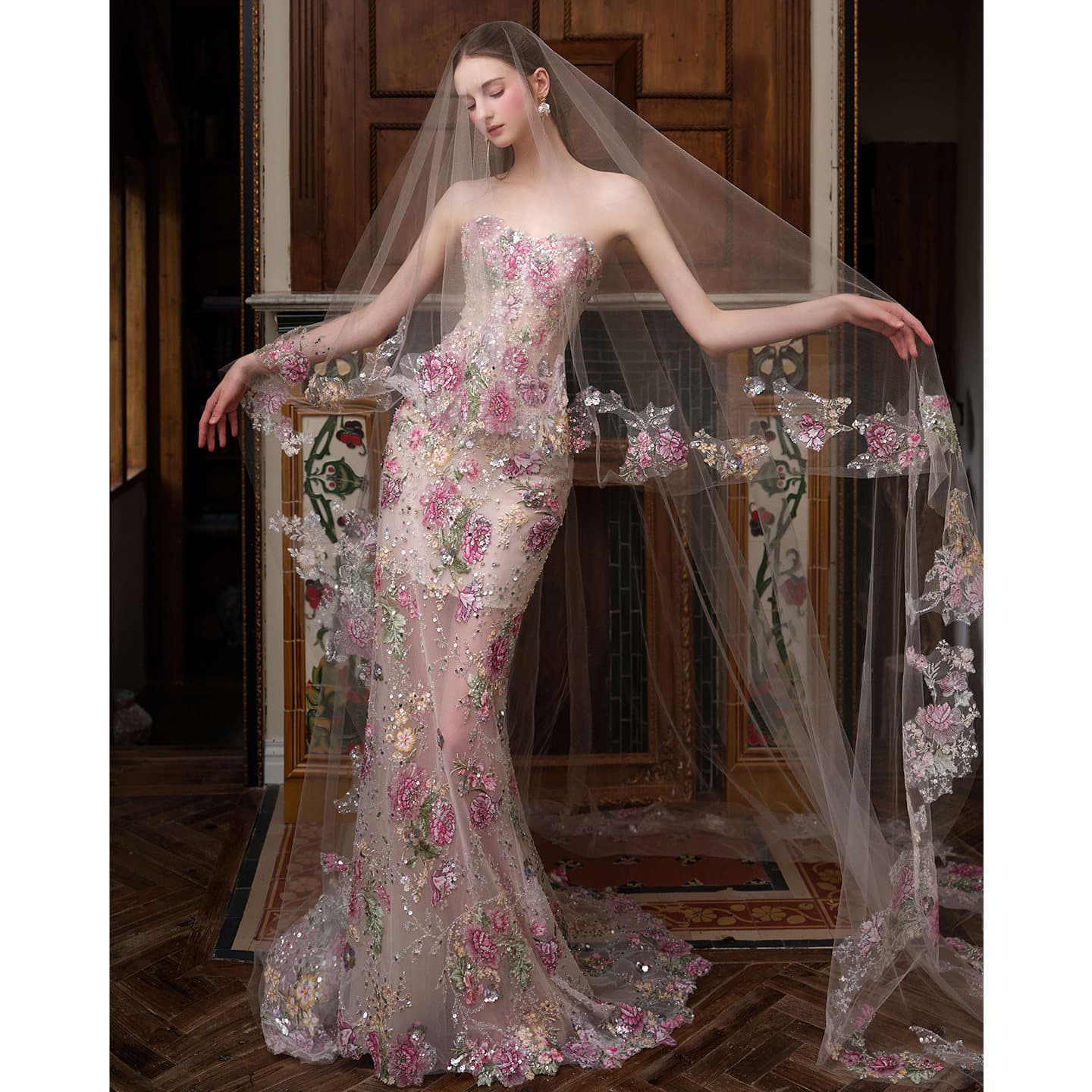 Strapless Evening Gown Floral Elegant Banquet Sequin Heavy Craft Bride Slimming Wedding Toast Dress Beaded Evening Dress