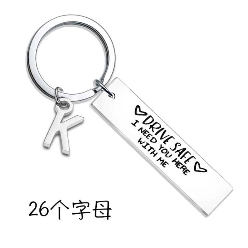 26-Letter Stainless Steel Keychain Drive Safe Key Ring Car Key Husband Driver Accessory