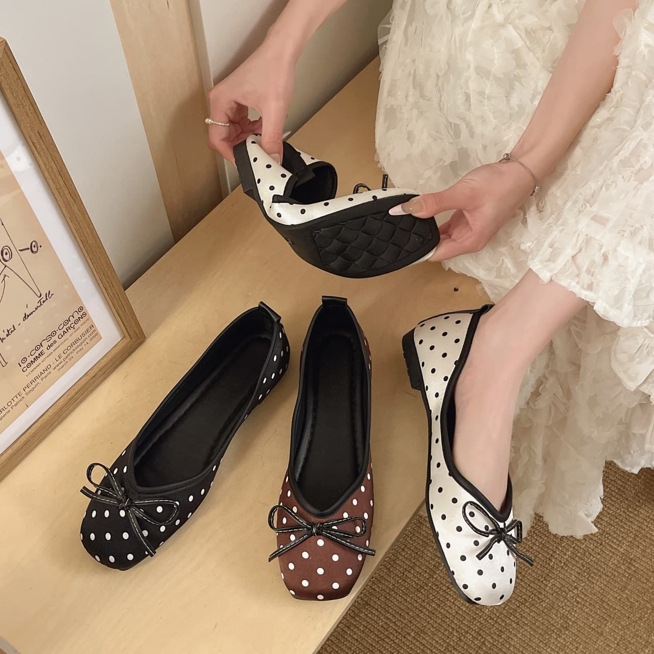 Chanel-Style Polka Dot Ballet Flats for Women, 2026 Spring and Autumn New Shallow Mouth Soft Sole Commuter Evening Style Granny Shoes