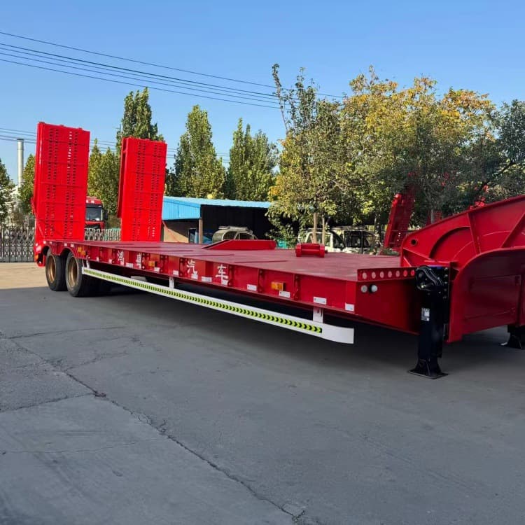 Cross-border machinery equipment transport flatbed trailer, hydraulic ramp low-profile flatbed trailer, two-axle machinery equipment transport vehicle