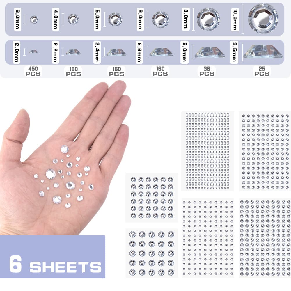 Factory direct sales 3-12mm single glue-backed gemstone diamond stickers, ready-made 7-size stage makeup accessories, eyebrow and eye makeup stickers