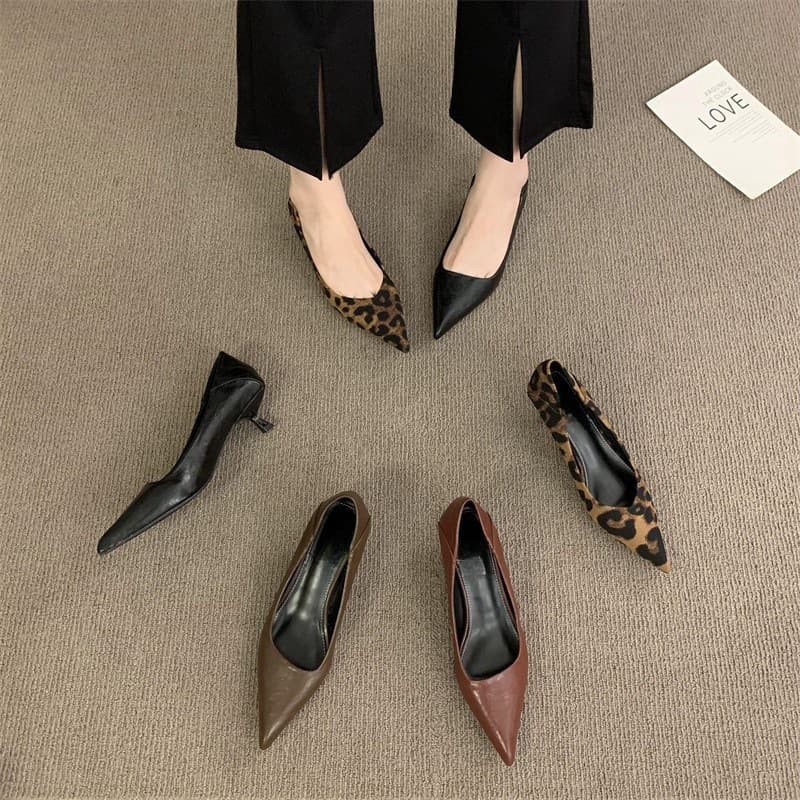 2026 Spring Autumn New Style Pointed Toe Low Heel Leopard Print Fashionable Versatile Elegant Commuter Kitten Heel Pumps