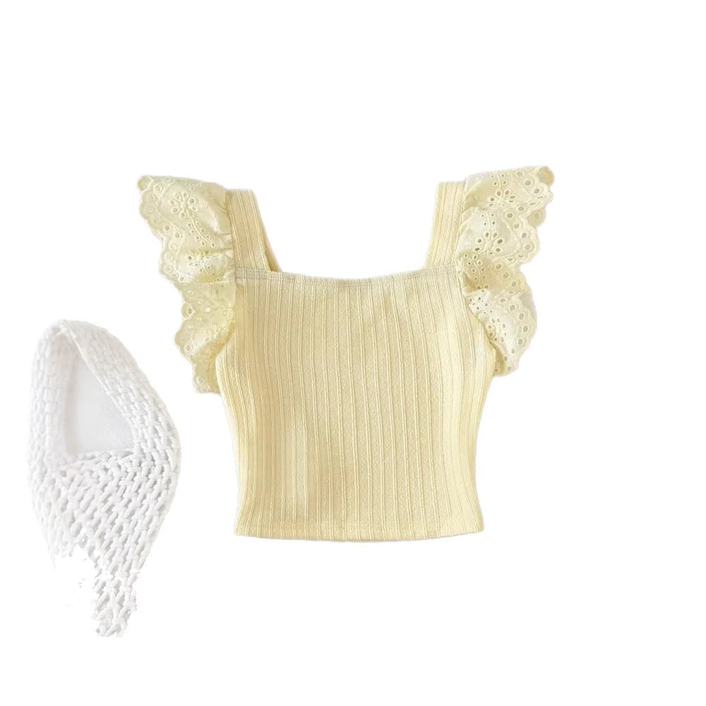 Girls Korean Sweet Fresh Milky Yellow Small Flutter Sleeve Square Neck Knitted Fitted Crop Top