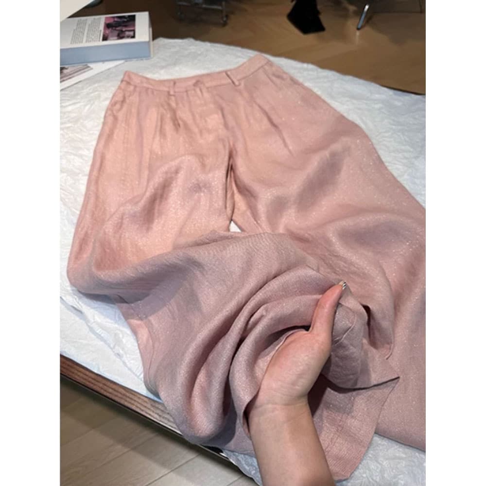 Pink Fine Glitter Linen Pants for Women 2026 New Summer Heavy Craftsmanship Elegant Loose Straight Wide Leg Casual Trousers