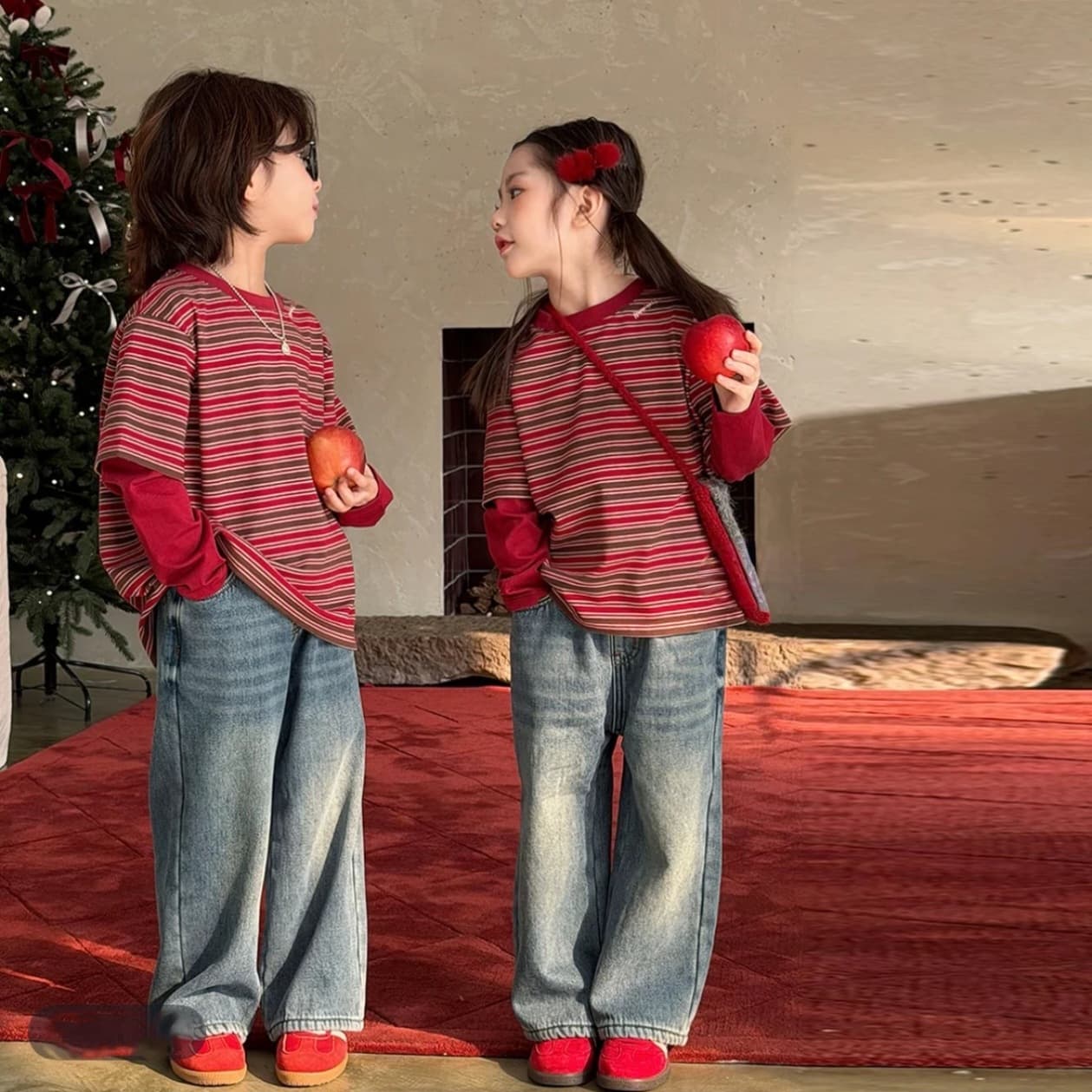 Children's Red New Chinese Style 26 Spring/Autumn Contrast Stripe Faux Layered Casual Knit T-Shirt Fashion Loose Short Sleeve