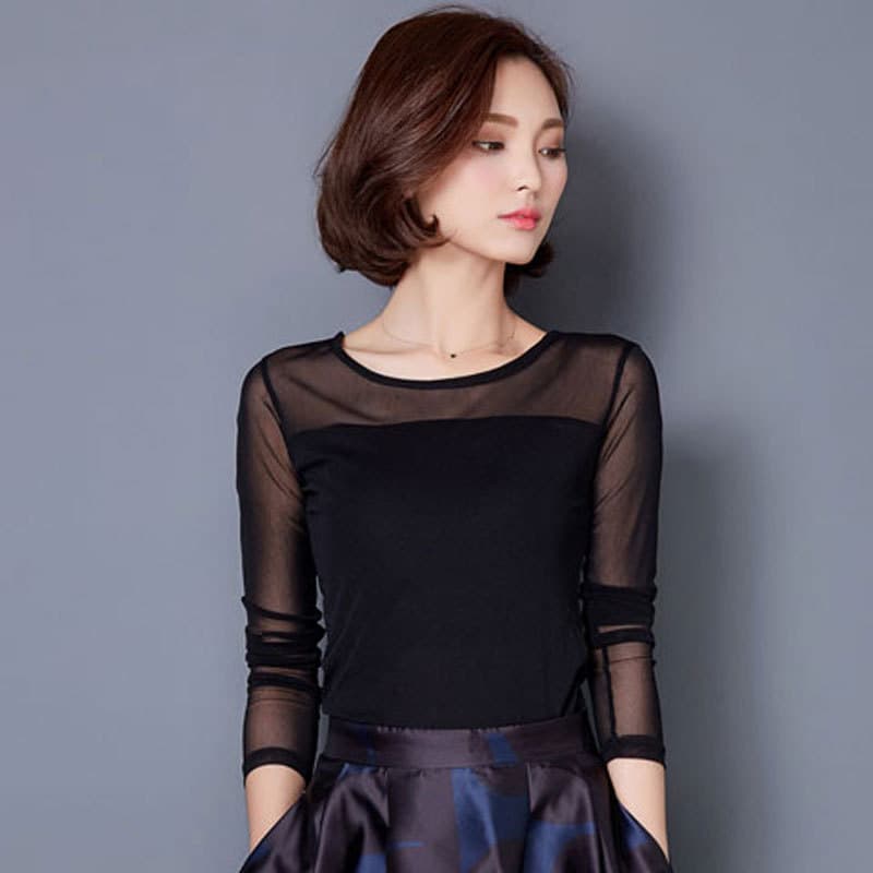 Spring Autumn Slim Fit Large Size Round Neck Lace Shirt Mesh Base Shirt Long Sleeve T Shirt Women Versatile Outerwear Top