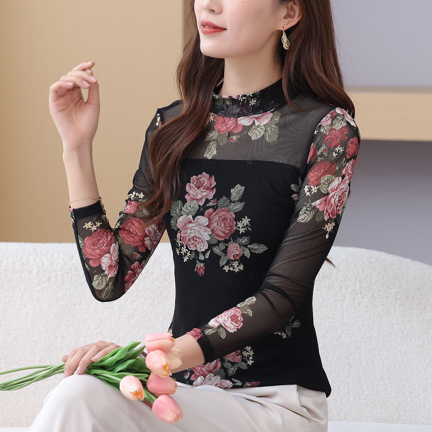 2025 Half High Neck Mesh Base Top Women Autumn New Slim Fit Stretchy Inner T-Shirt Long Sleeve Sexy Lace Blouse
