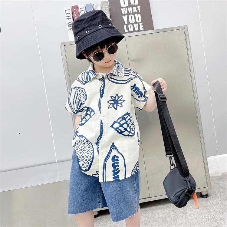 Boys Summer Short Sleeve Shirt Baby Beach Clothing Casual Floral Loose Jeans Shorts Children's Fashion Korean Style Cotton Shirt