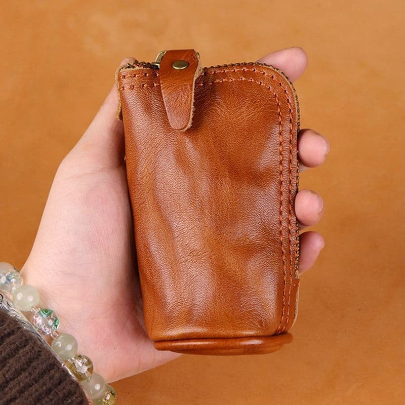 2026 foreign trade genuine leather key bag mini vegetable tanned leather car key storage bag handmade retro cowhide small bag