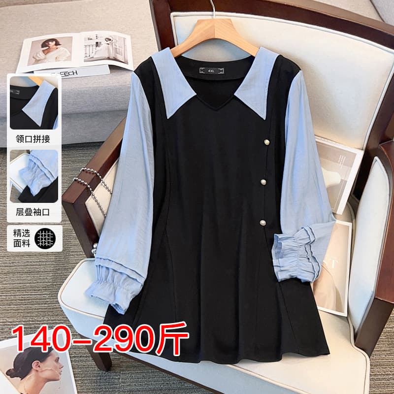 200lb Plus Size Women's Paneled T-Shirt Fashionable Blouse Spring Autumn Loose Slimming Top for Curvy Girls 24267T