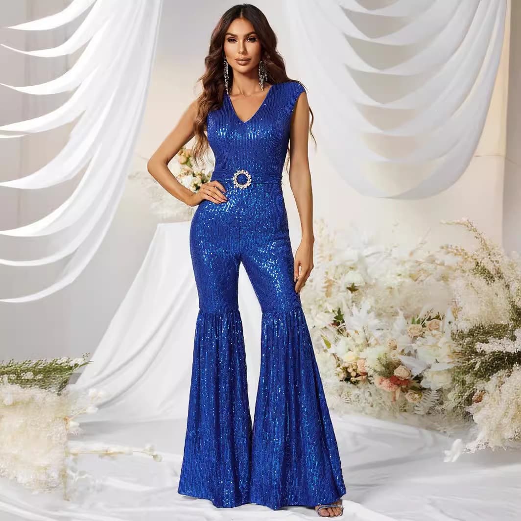 Cross-Border Slim Fit Jumpsuit with European and American Sequins V-Neck Sleeveless Flared Elegant Jumpsuit for Women - MGX492