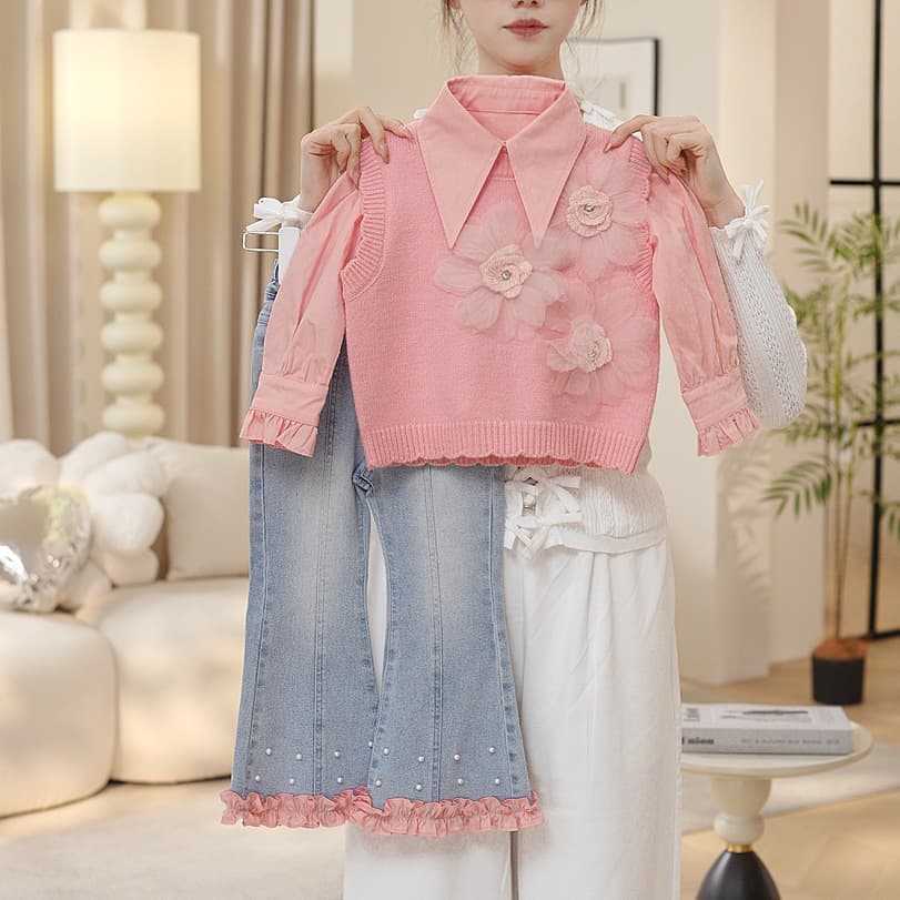 Girls 3-Piece Set 3D Floral Knit Vest Shirt Flared Jeans Spring Autumn Outfit Trendy