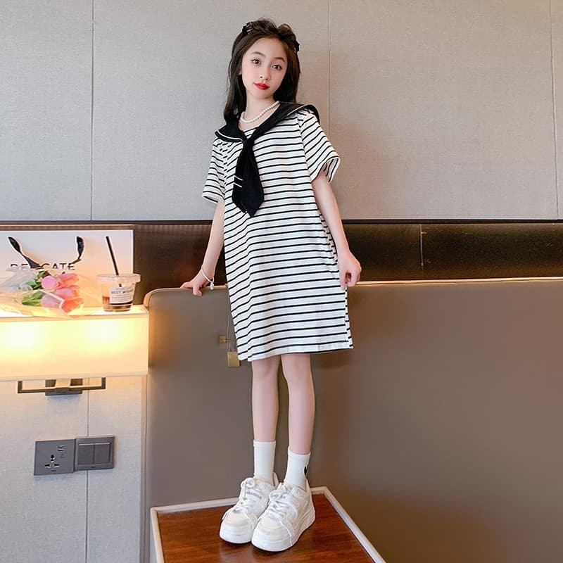 Girls' Dress Summer 2025 New Striped Navy Style T-Shirt Dress Children's Skirt Summer Fashion