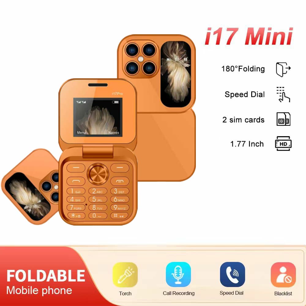 i17pro Orange Hot Seller Flip Folding Phone with Dual SIM, Button Phone for Seniors and Backup, Multiple Languages