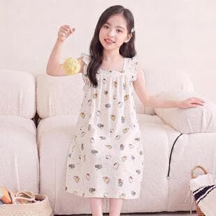 2026 New Summer Cloud Cotton Nightgown for Girls Sweet and Cute Medium to Large Size Spaghetti Strap Mid-Length Home Nightgown
