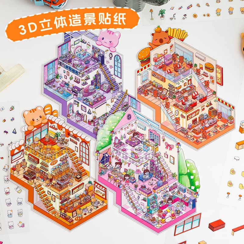 Large Size! Retro Miniature Scene Collection New Stickers Large Trendy Kids Sticker Craft Dollhouse