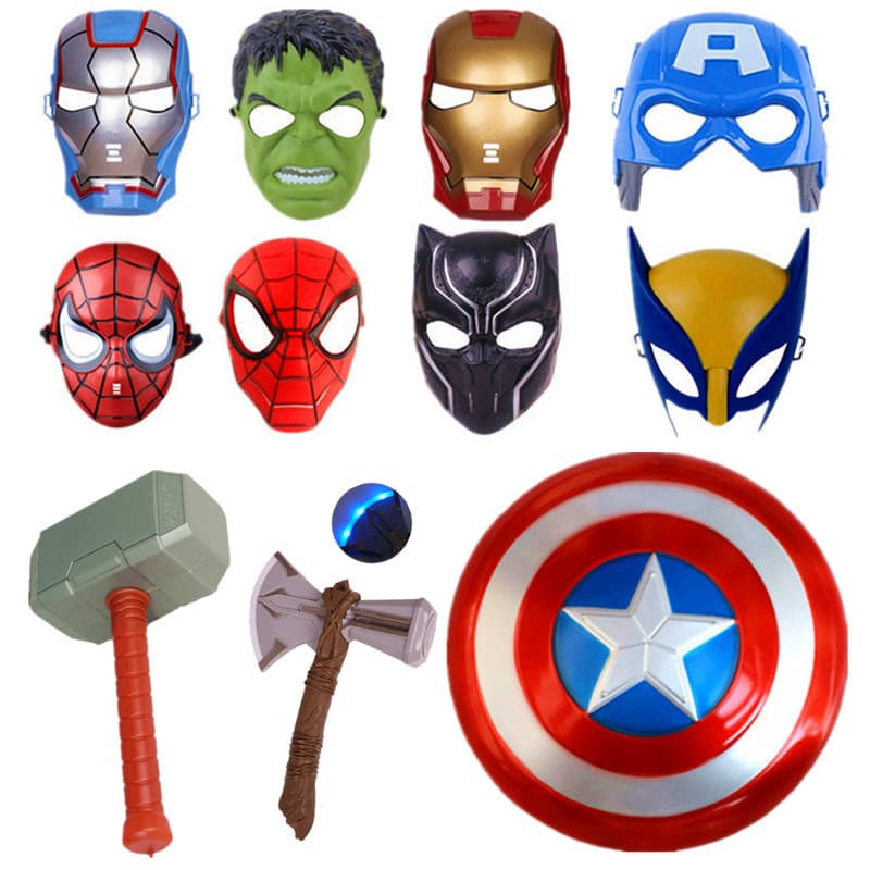 Children's Superhero Spider-Man Mask Hulk Glowing Mask Captain America Shield Thor Ax Game Toy
