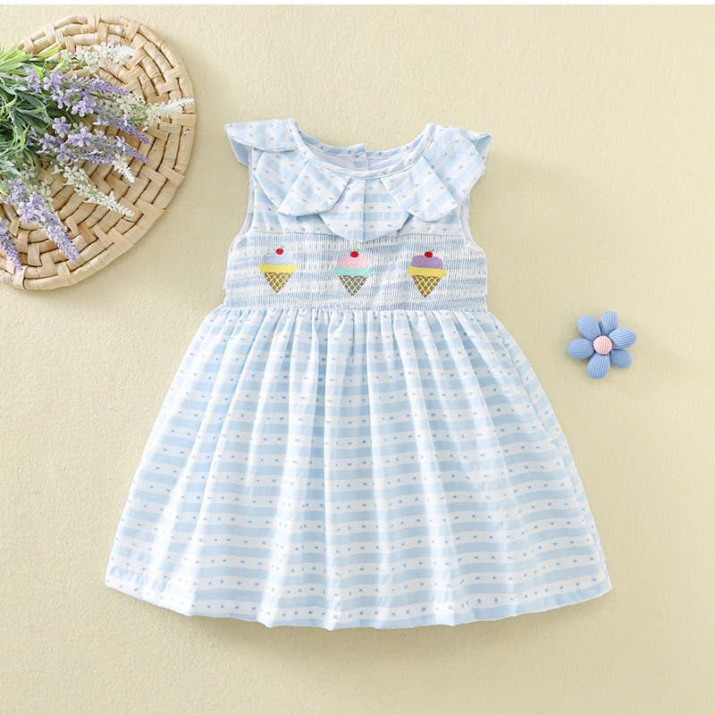 Summer Girls Sleeveless Shirred Dress Korean Style Petal Collar Kids Dress Ice Cream Embroidered Princess Dress for Girls