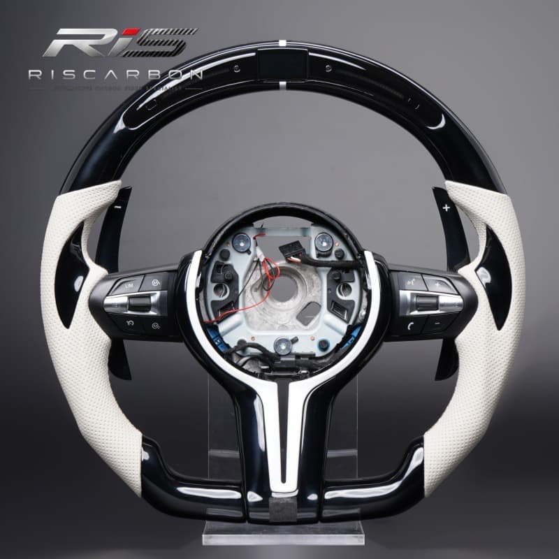 Compatible with BMW Gloss White Perforated Leather Belt LED Flat-Bottom Steering Wheel F30 F10 F11 F15 F16 F20 F25