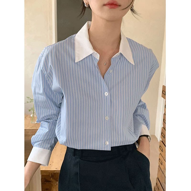 Korean chic spring niche temperament contrasting lapels loose casual versatile long-sleeved striped shirt tops for women
