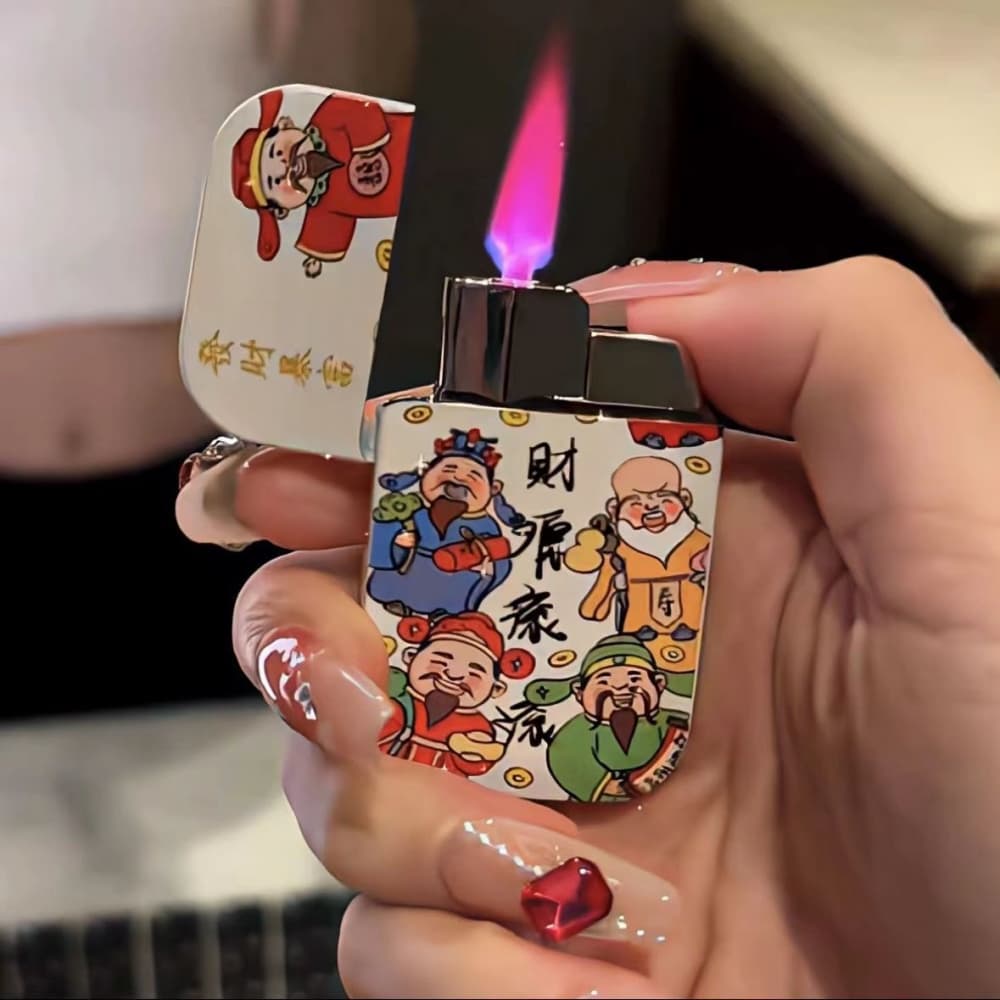 New Year God of Wealth Fortune Refillable Windproof Metal Lighter Pink Flame High Appearance Gift for Boyfriend