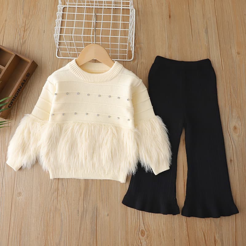Cross-Border Girls Sweater Set Fall Winter 2026 Rhinestones Fuzzy Sweater Little Girls Flared Pants Knit Pullover Two-Piece Set