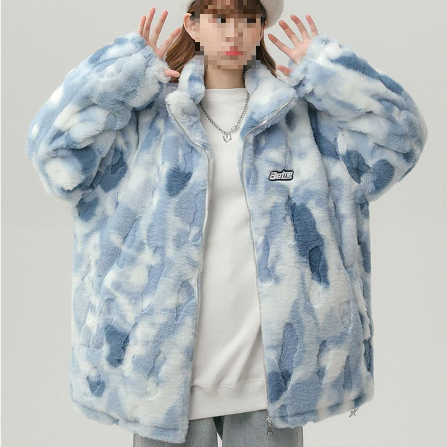 Tie-dye shearling coat men's autumn and winter new style trendy cotton coat thickened loose stand collar faux fur coat