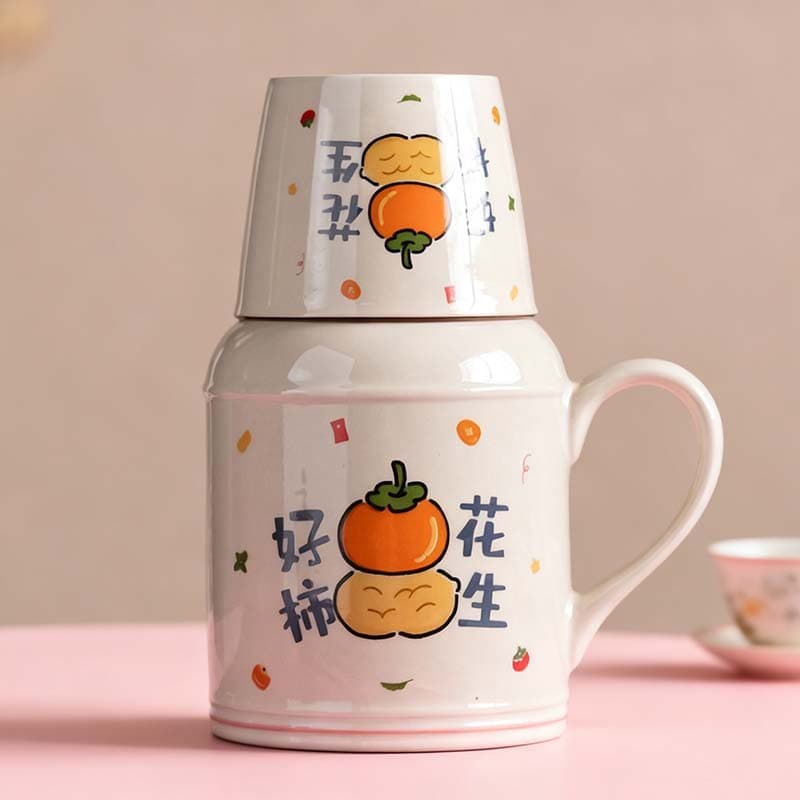 Ru Kiln Small Thermos with Tea Cup, Ceramic Insulated Mug, Large Capacity Cup, Chinese Style Office Cup