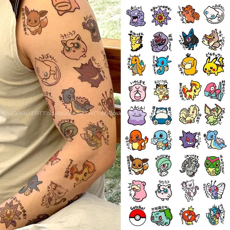 Pokemon Colorful Tattoo Stickers Cute Cartoon Arm Tattoos Waterproof Long-Lasting Realistic Stickers