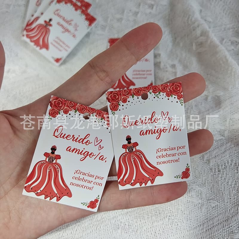 Spanish Mexican Quinceañera Thank You Tags, Red Pink Rose Princess Dress Party Favor Gift Tags