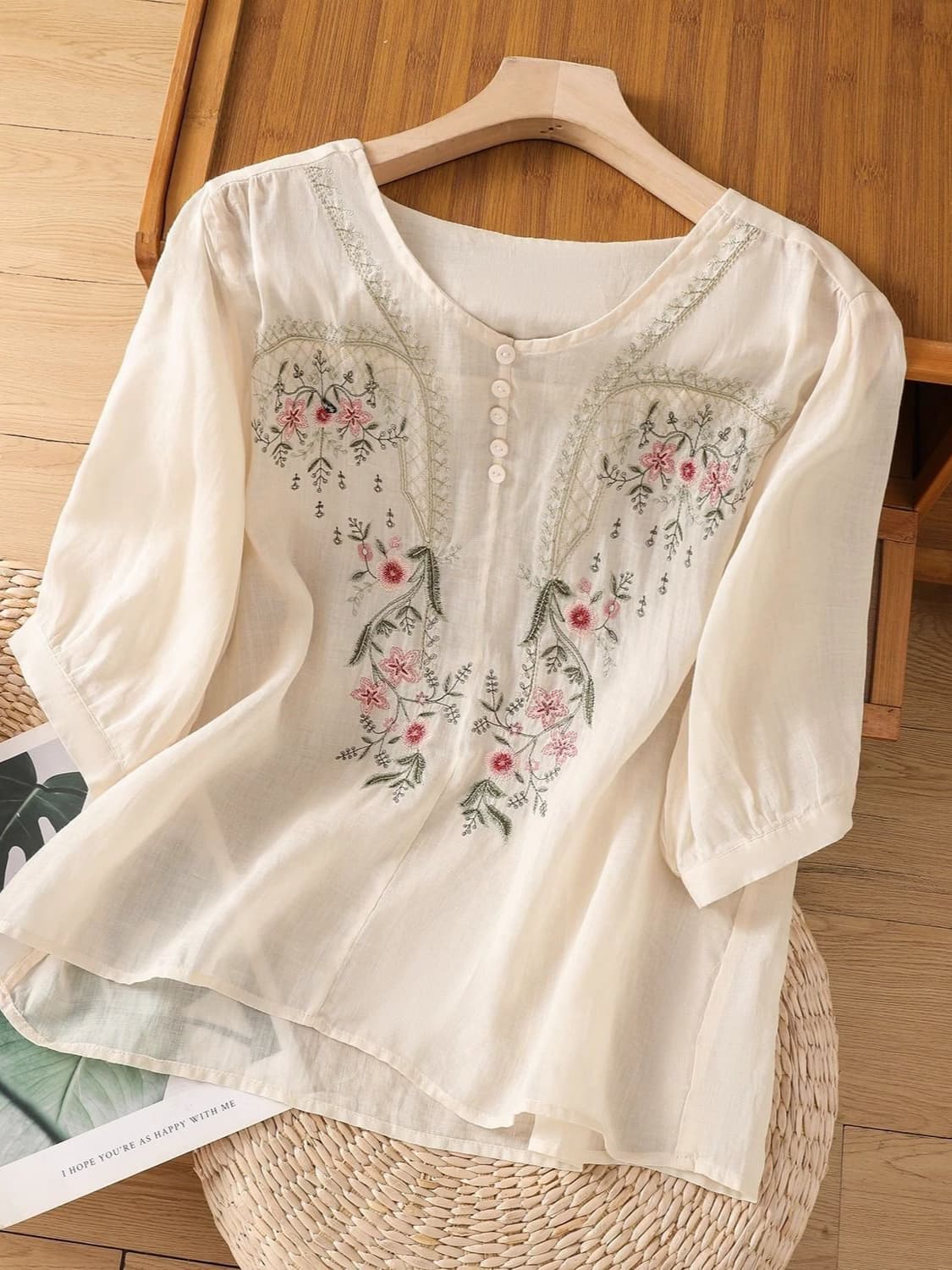 Summer Cotton Linen Short Sleeve Top Pullover Embroidered Chinese Style Women's Loose Fitting Slimming Cotton Linen T-Shirt Versatile Blouse