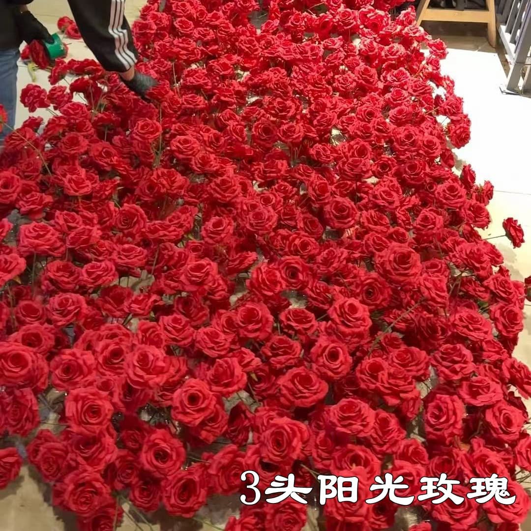Artificial Red Rose Manufacturer 3-Head Sun Rose Red Rose Waterfall Photo Zone Wedding Fake Flowers Wholesale