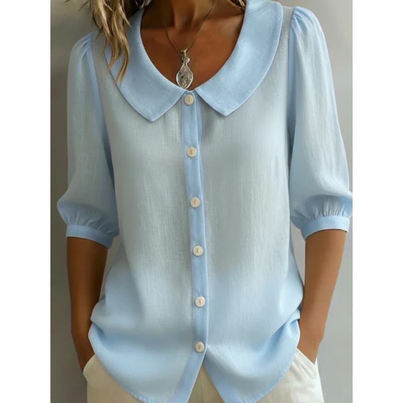 European and American Spring Summer Age-Reducing Baby Doll Collar Puff Sleeve Three-Quarter Sleeve Shirt for Women, Blue Button Loose Blouse Top