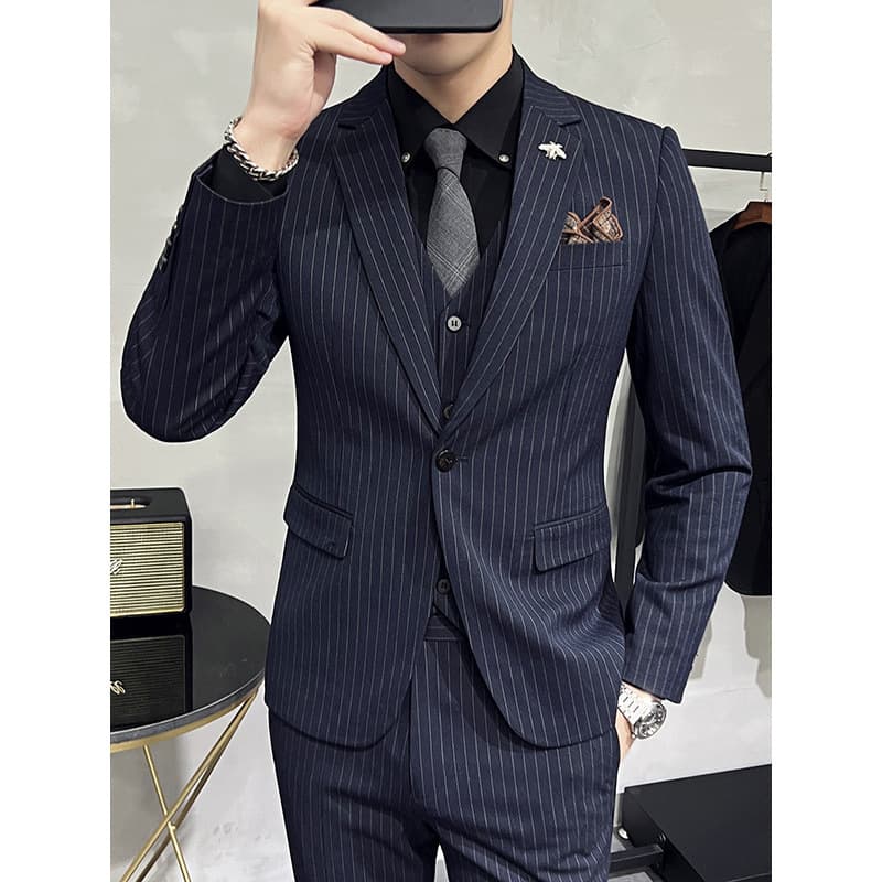 Dropshipping Men's Suit Notch Lapel Three-Piece Set Business Commuter Casual Striped Suit