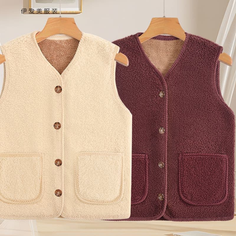 Lamb vest mom shoulder padded new style autumn winter thickened middle-aged and elderly vest particle jacket warm